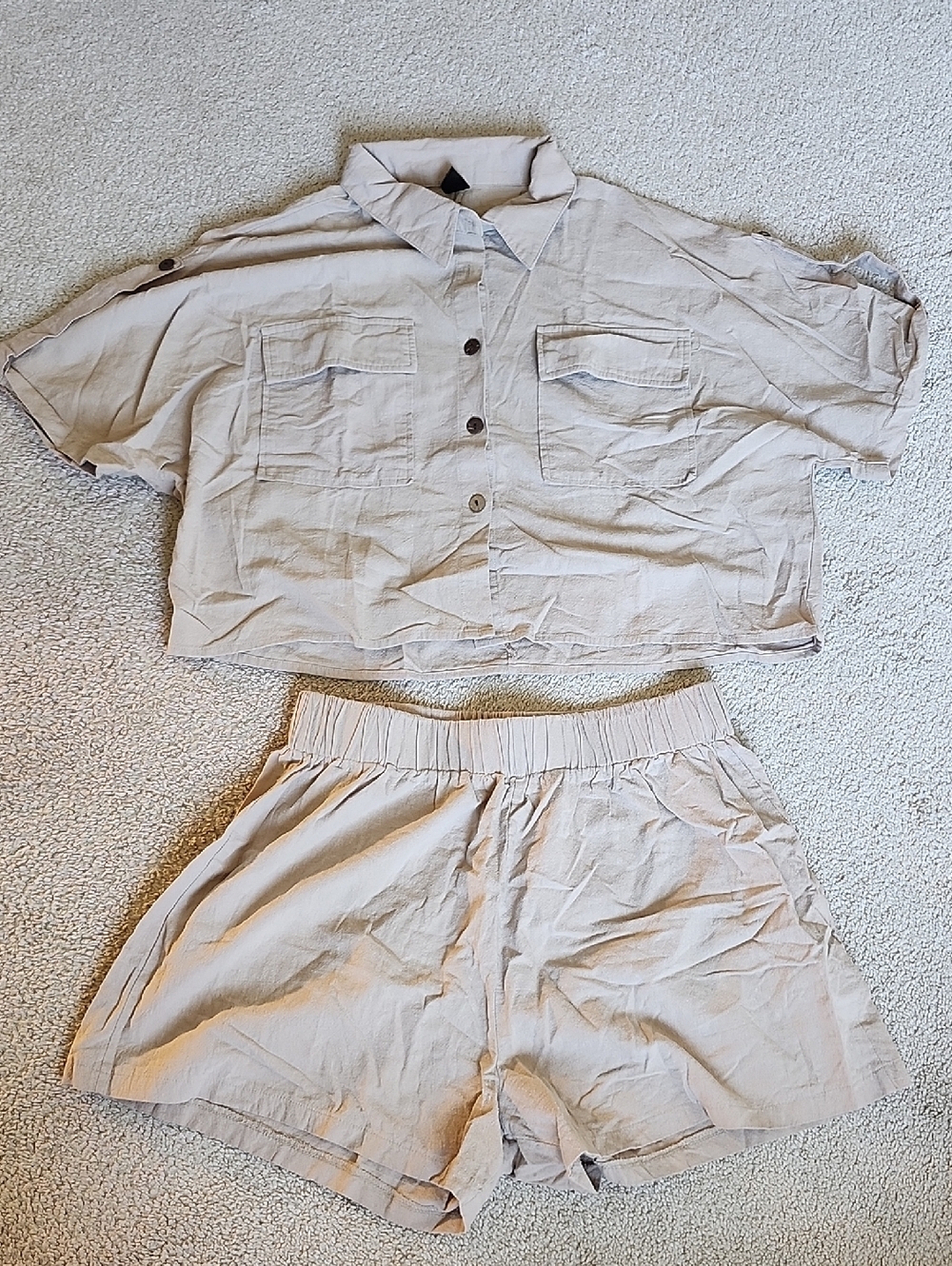 SHEIN Beige Crop Button-Up Top and Elastic Waist Shorts Set B.